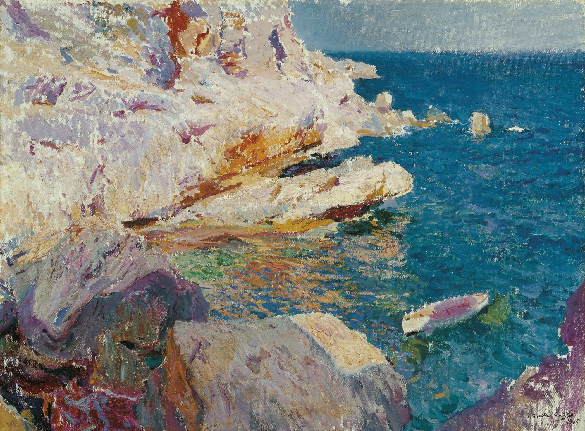 Rocks at Javea and the white boat, Joaquin Sorolla